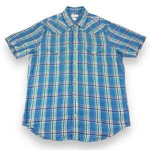 Lucky Brand Shirt Mens Size Large‎ L Blue Plaid Short Sleeve Button Down